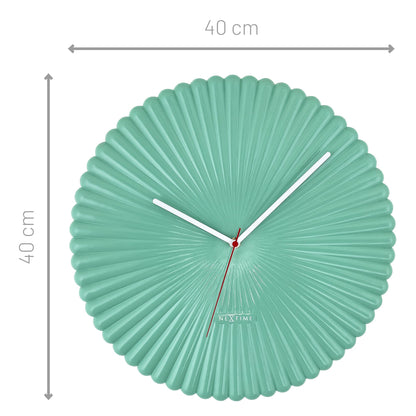 White and green NeXtime Mousse wall clock, 40cm diameter, silent quartz movement, made of polyresin with a modern design.