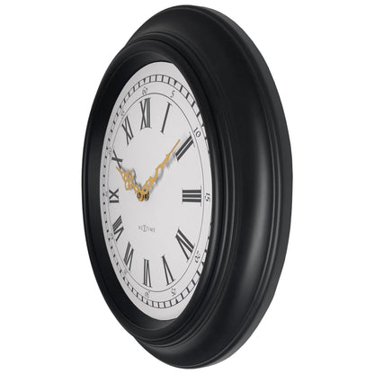 Black and grey NeXtime Chopin wall clock, 40cm, silent operation, plastic frame, shown from the right side.