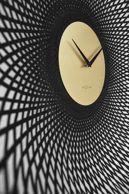 Close-up of NeXtime Vortex wall clock showcasing its 60cm round design with brown and black bamboo finish and silent movement.