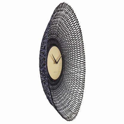 NeXtime Vortex wall clock, 60cm silent clock with brown and black bamboo design, showing the clock face from the left side.
