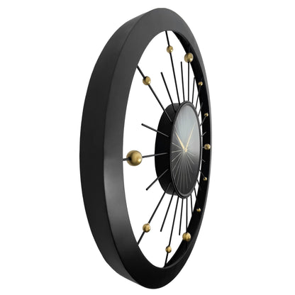 Large black NeXtime Orbit wall clock, 90cm with silent movement, featuring a modern metal design.