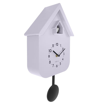 NeXtime Twitter wall clock with pendulum, featuring a 21.5x41.5x8.5cm design and cuckoo mechanism, shown from the left side.