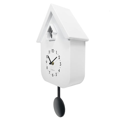 NeXtime Twitter wall clock with pendulum, measuring 21.5x41.5x8.5cm, showing the clock face and right side view.