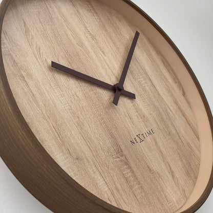 Dark and light brown NeXtime Oslo wall clock, 30cm diameter, silent movement, plastic frame, detailed close-up image