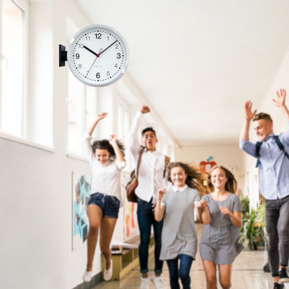 NeXtime silent wall clock in white and black with aluminum frame, measuring 32.3x28x10cm, modern double design.