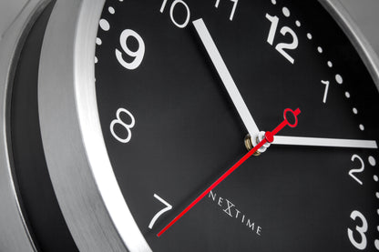 NeXtime Double wall clock, 32.3x28x10cm, white and black aluminium design with silent mechanism, detailed close-up image.