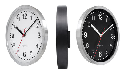 NeXtime wall clock, 32.3x28x10cm, silent operation with white and black aluminum design, model 'Double' in close-up detail.