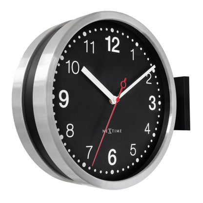 NeXtime Double wall clock, 32.3x28x10cm, white and black aluminium, silent movement, shown from the left side.