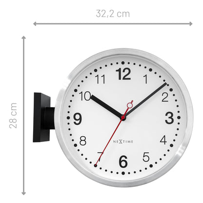NeXtime wall clock, 32.3x28x10cm, white and black aluminium design, silent operation, double dial style.