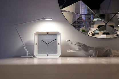 Square wooden wall clock by NeXtime Clocks, 40x40 cm, with a minimalist design and black clock hands.