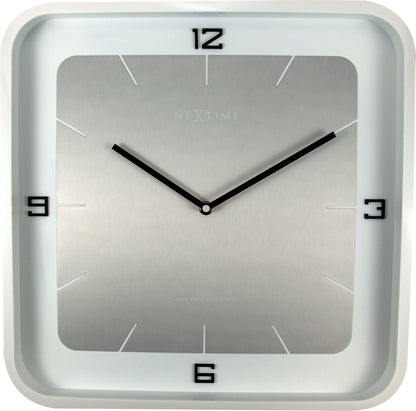 Square wooden wall clock from NeXtime Clocks, 40x40 cm, with a minimalist design and black clock hands on a light wood face.