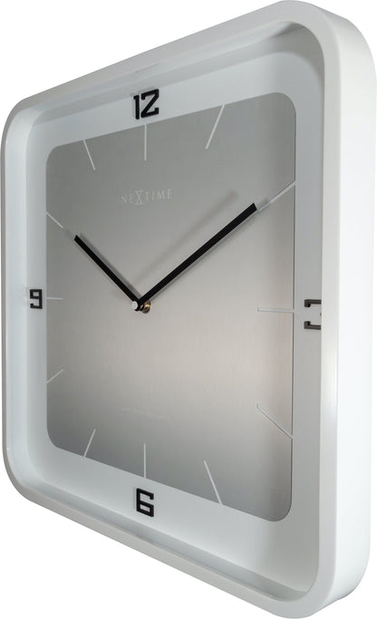 Square wooden wall clock by NeXtime Clocks, 40x40x4 cm, showing the clock face with black hands and minimalist design.