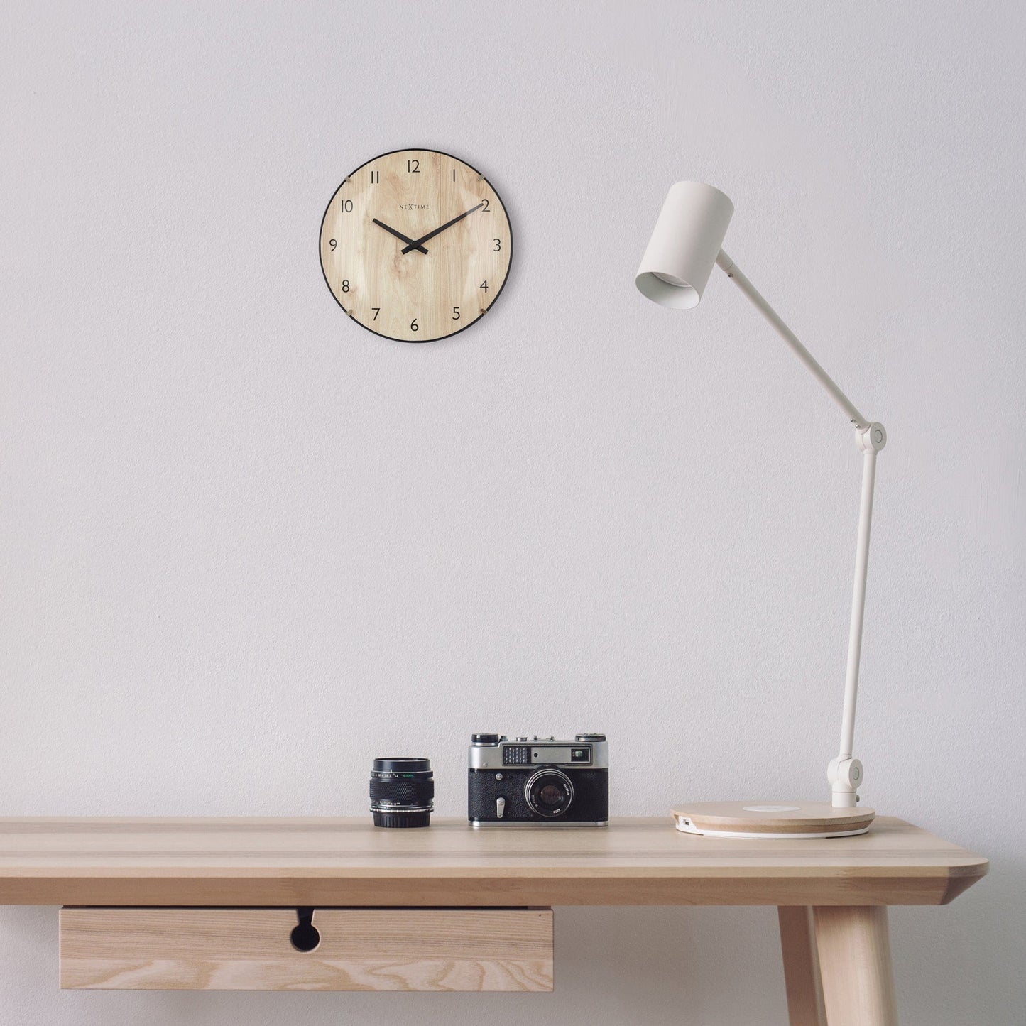 Table/Wall clock 20cm - Domed glass lens - Silent - Light Wood color - Glass - "Edge Wood Mini"