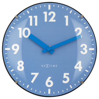 NeXtime Duomo Mini wall or table clock with 20cm diameter, domed glass lens, silent movement, and modern glass design.