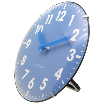 NeXtime Duomo Mini wall or table clock with 20cm diameter, domed glass lens, silent operation, black frame, and white clock face.