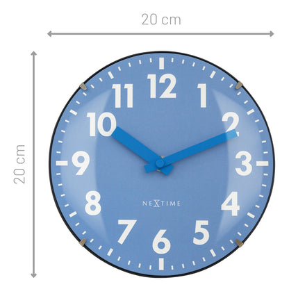NeXtime Duomo Mini wall or table clock with 20cm diameter, glass dome lens, silent movement, black frame, and clear clock face.