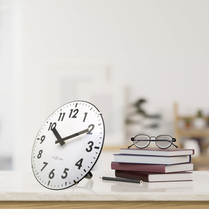 NeXtime Duomo Mini wall or table clock with 20cm diameter, glass dome lens, silent movement, and sleek glass design.