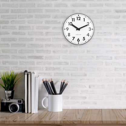 NeXtime Duomo Mini wall or table clock with 20cm diameter, domed glass lens, silent mechanism, and modern glass design.