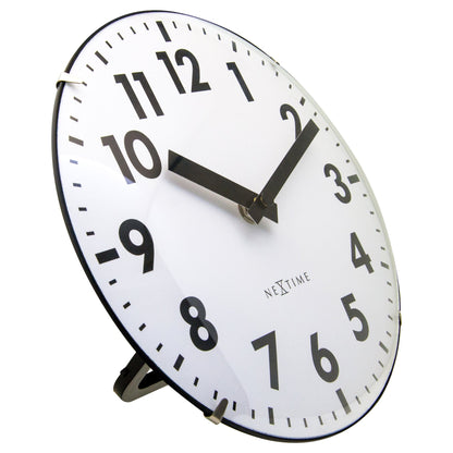 NeXtime Clocks Duomo Mini 20cm table or wall clock with domed glass lens, silent movement, featuring a sleek glass design.