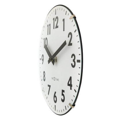NeXtime Duomo Mini wall or table clock with 20cm diameter, domed glass lens, silent movement, and modern glass design.