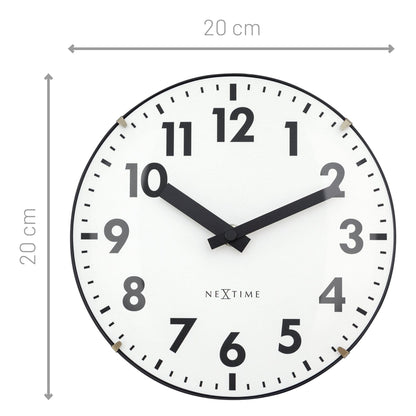 NeXtime Duomo Mini wall or table clock with 20cm diameter, domed glass lens, silent movement, and glass construction.