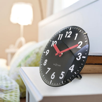 NeXtime Duomo Mini wall or table clock with 20cm diameter, domed glass lens, silent movement, featuring a clear glass design.