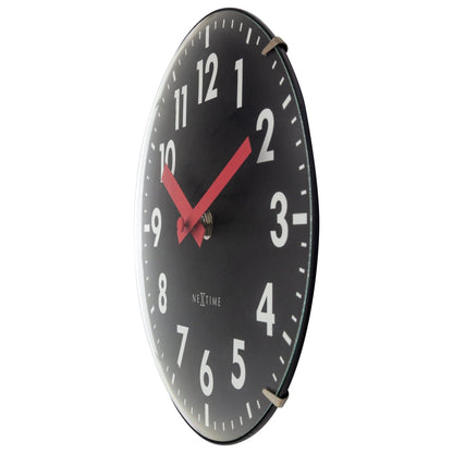 NeXtime Duomo Mini glass wall or table clock with a domed lens and silent mechanism, shown from the right side.