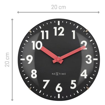 NeXtime Duomo Mini wall or table clock with 20cm glass dome lens, silent mechanism, featuring a sleek glass design.
