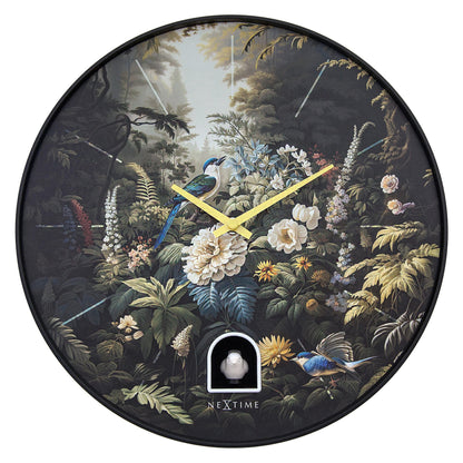 Black plastic wall clock with cuckoo bird and 30cm diameter, NeXtime Vanity Cuckoo design, featuring a modern and decorative style.