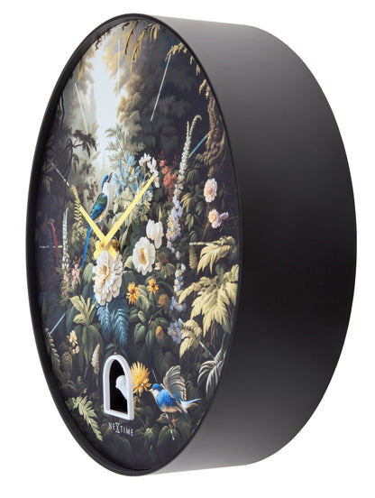 Black plastic wall clock with cuckoo feature, 30cm diameter, NeXtime Vanity Cuckoo design, showing the right side of the clock.