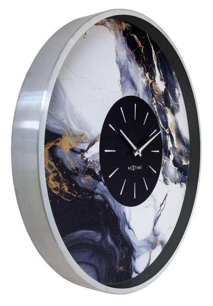 Large NeXtime Marble Duo wall clock, 48cm, silent aluminium design, shown from the left side with a modern marble finish.