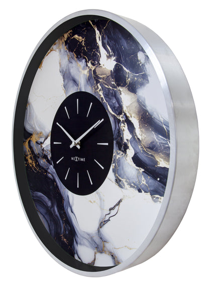 Large NeXtime Marble Duo wall clock, 48cm, silent aluminium design, shown from the right side with a stylish marble finish.
