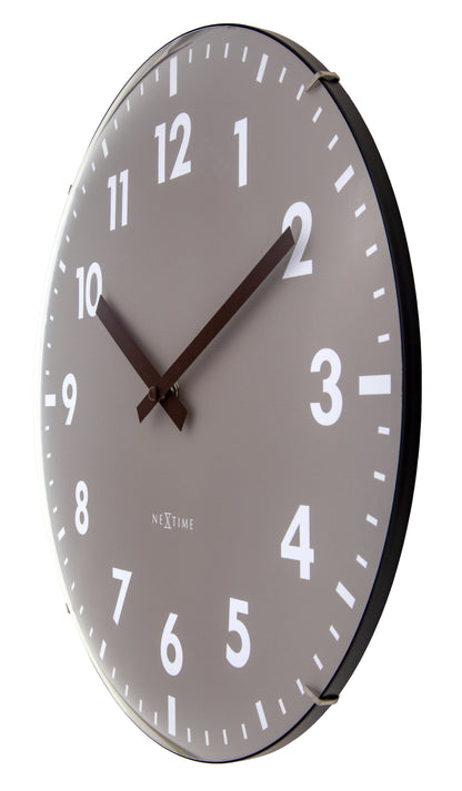 NeXtime Duomo wall clock with 35cm domed glass lens, silent movement, right side view showing sleek design and clear clock face.