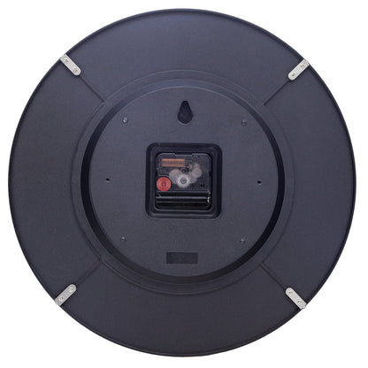NeXtime Duomo wall clock with 35cm domed glass lens, silent mechanism, black frame, showing clock face and back view