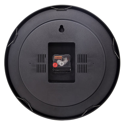 Black NeXtime Station All Black wall clock, 35cm with silent movement and anodized aluminum frame, shown from the back.