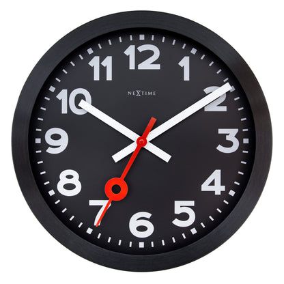 Black anodized aluminum wall clock by NeXtime, 35cm silent clock with sleek station all black design.