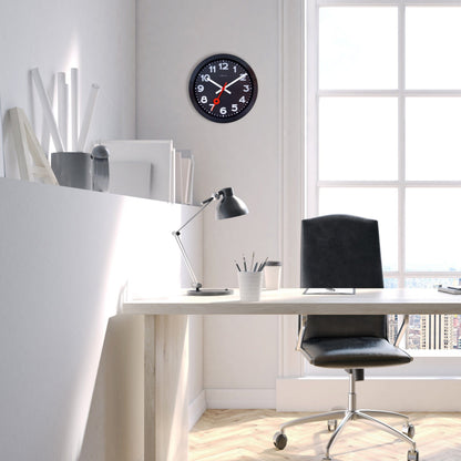 NeXtime Station All Black wall clock, 35cm diameter, silent movement, black anodized aluminum finish, modern design.