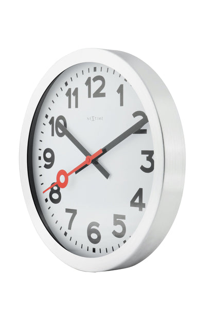 NeXtime Clocks wall or table clock with aluminum frame and station number design, showing time on the right side.