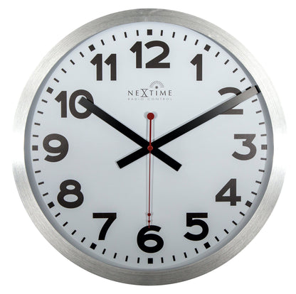 NeXtime Clocks wall clock with 35 cm aluminum frame, radio-controlled station design and DCF numbers, front view.