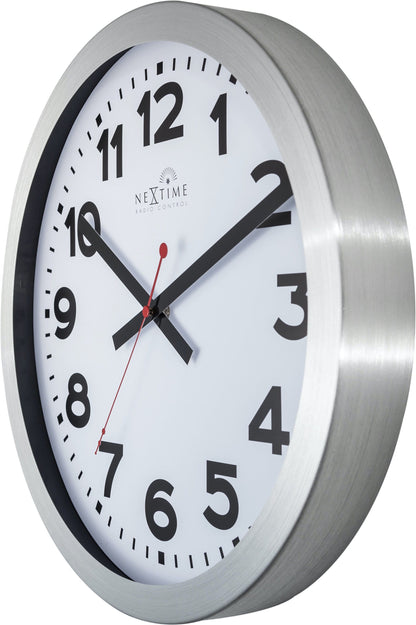 NeXtime Clocks wall clock, 35 cm aluminum case with radio-controlled DCF station numbers, showing the right side view.