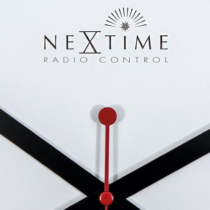 NeXtime wall clock with 35cm aluminum case, radio-controlled DCF station stripe design, detailed view of clock face and hands