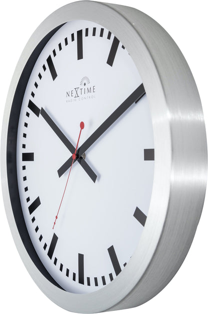 NeXtime Clocks wall clock, 35cm aluminum station radio-controlled DCF stripe design, showing the right side of the clock.