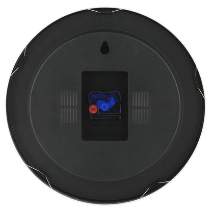 Black aluminum NeXtime Station Stripe wall or table clock showing a sleek modern design with bold striped pattern.