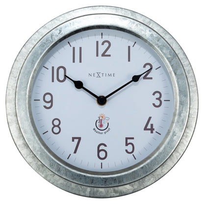 Weatherproof outdoor garden wall clock by NeXtime, 22cm metal galvanized Poppy design, suitable for outdoor use.