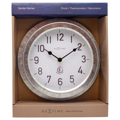 Outdoor garden wall clock by NeXtime Clocks, 22cm metal galvanised weatherproof design with a poppy pattern.