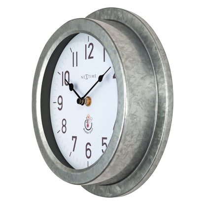 Metal weatherproof outdoor garden wall clock with galvanized finish, 22cm diameter, featuring a Poppy design by NeXtime Clocks.