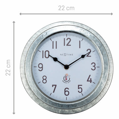 Weatherproof outdoor garden clock by NeXtime Clocks, 22cm metal galvanized wall clock with a Poppy design.