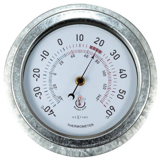 NeXtime Clocks galvanized metal garden thermometer, 22cm weatherproof outdoor thermometer with Lily design, front view.