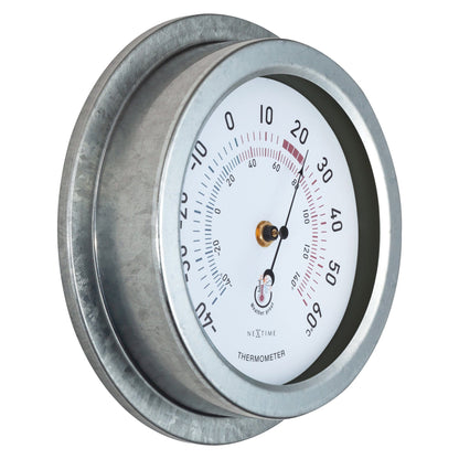 Weatherproof garden thermometer by NeXtime Clocks, 22cm galvanized metal Lily style, showing temperature on a metal dial.