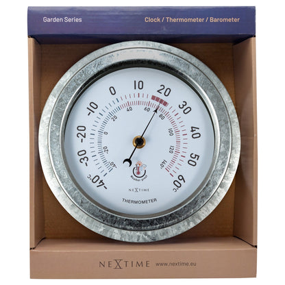 Galvanized metal garden thermometer from NeXtime Clocks, 22cm weatherproof thermometer with Lily packaging.